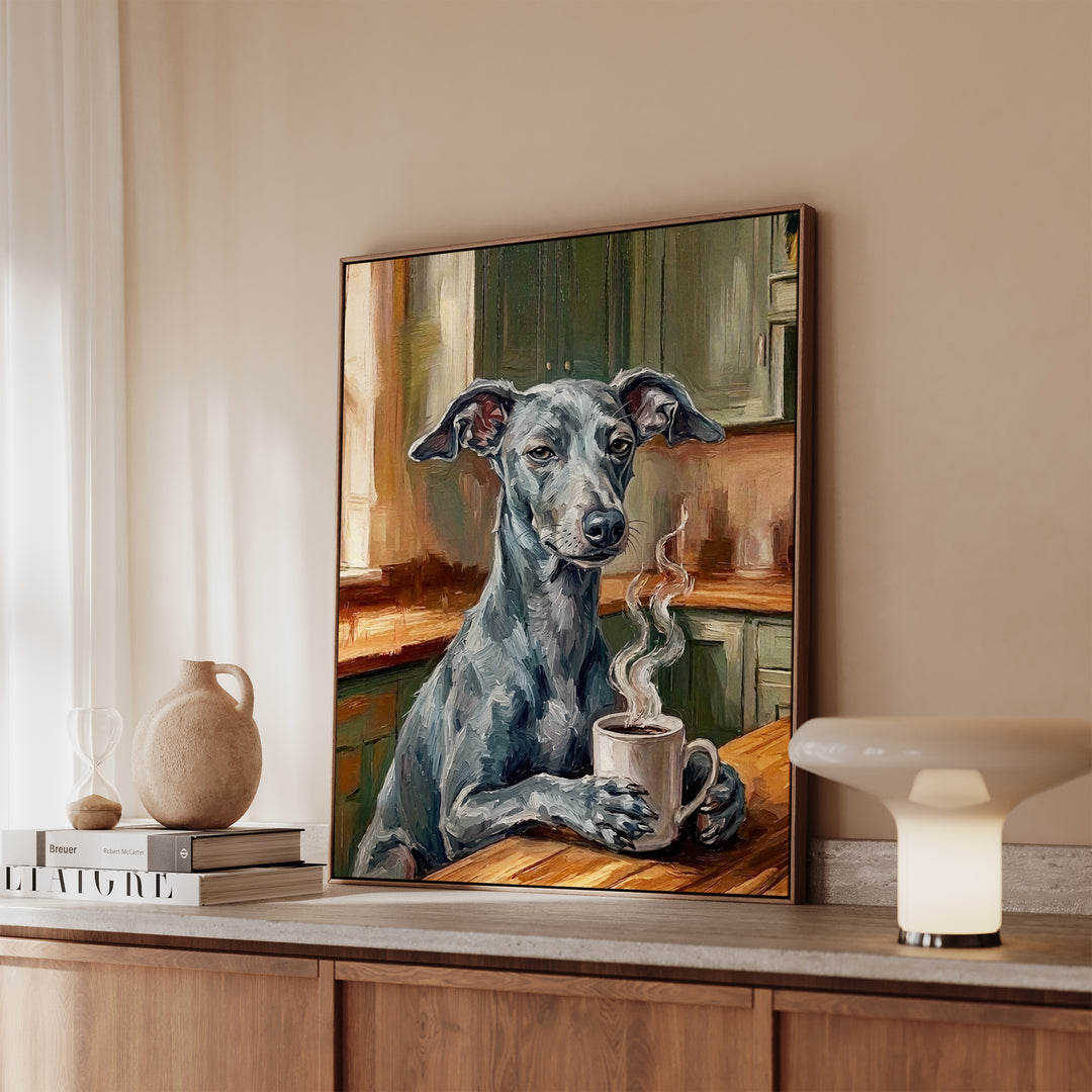 Italian Greyhound Before Coffee Framed Canvas