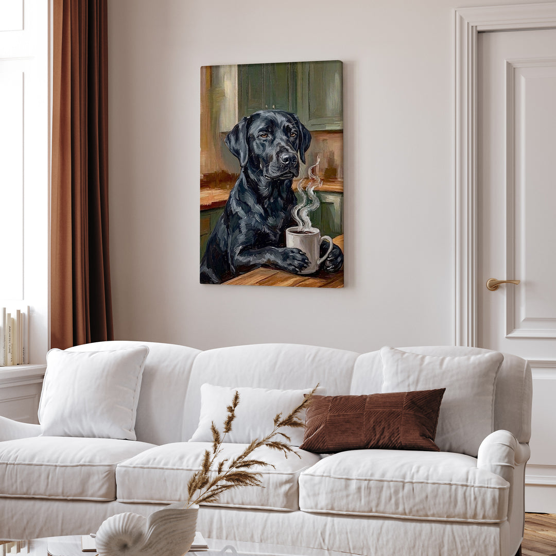 "Before Coffee" - Labrador Vertical Canvas - Dog Lover Wall Art