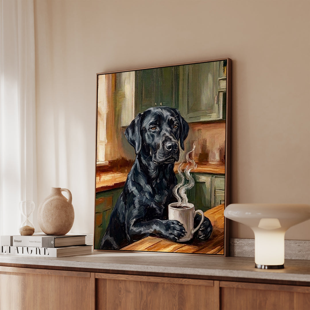 Labrador Before Coffee Framed Canvas