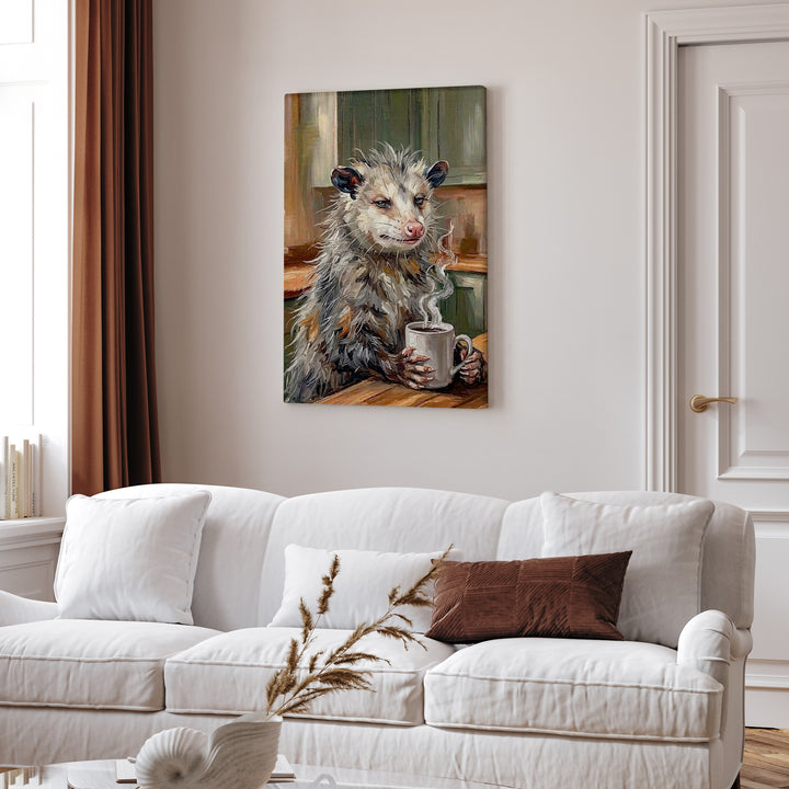 "Coffee & Silence" - Opossum Vertical Canvas - Spirit Animal Wall Art