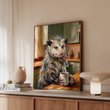 "Coffee & Silence" - Opossum Vertical Framed Canvas - Spirit Animal Wall Art
