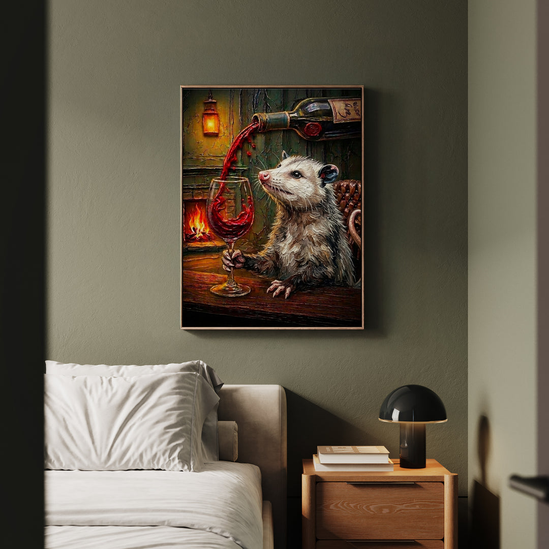 "Wine & Spirit" - Opossum Vertical Framed Canvas - Spirit Animal Wall Art