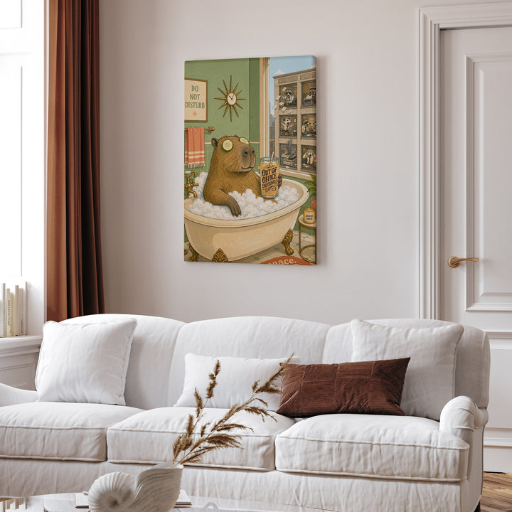"Out of Office Emotionally" - Capybara Vertical Canvas - Dark Burnout Humor Wall Art