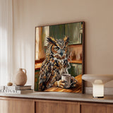 "Coffee & Silence" - Owl Vertical Framed Canvas - Spirit Animal Wall Art