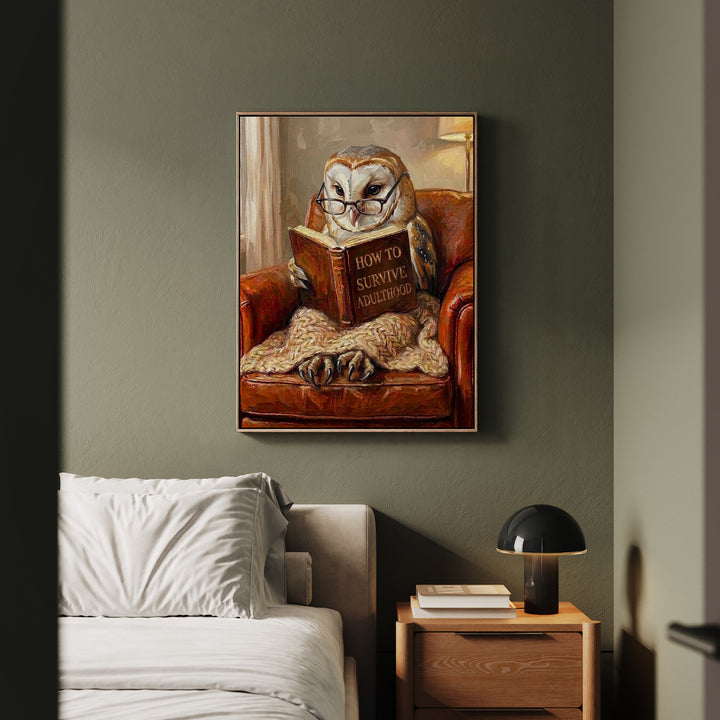 "Survive Adulthood" - Owl Vertical Framed Canvas - Spirit Animal Wall Art