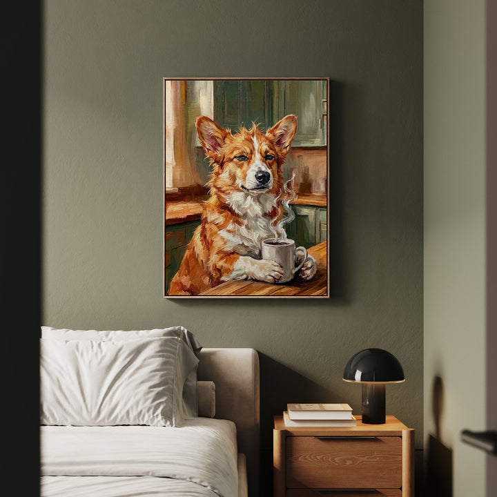 "Before Coffee" - Corgi Vertical Framed Canvas - Dog Lover Wall Art