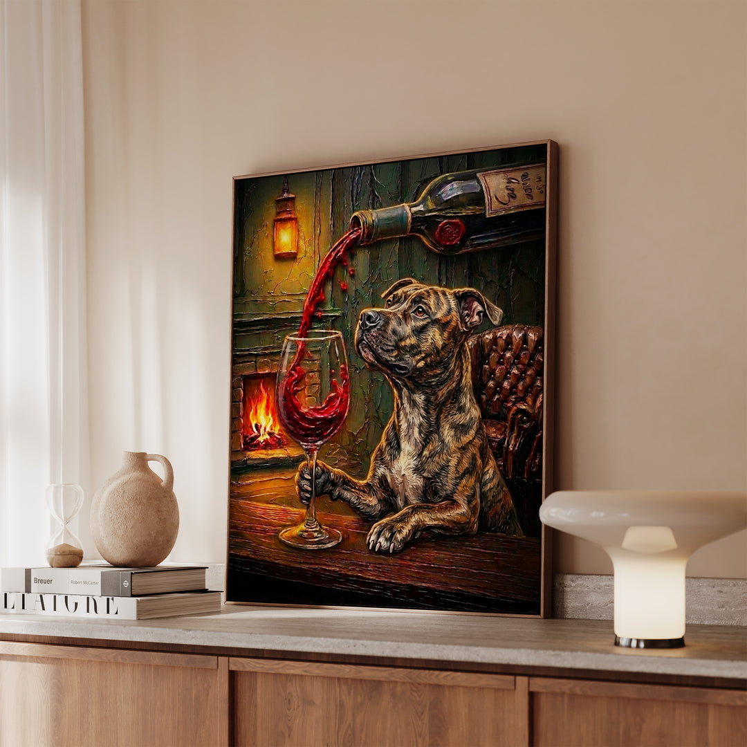 Pit Bull Wine & Woof Framed Canvas