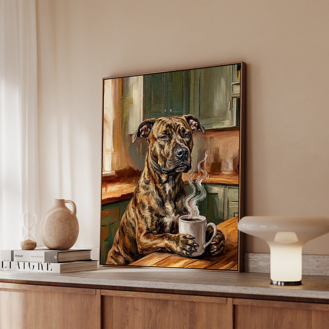 Pit Bull Before Coffee Framed Canvas