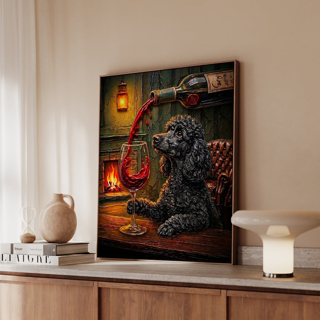 Poodle Wine & Woof Framed Canvas