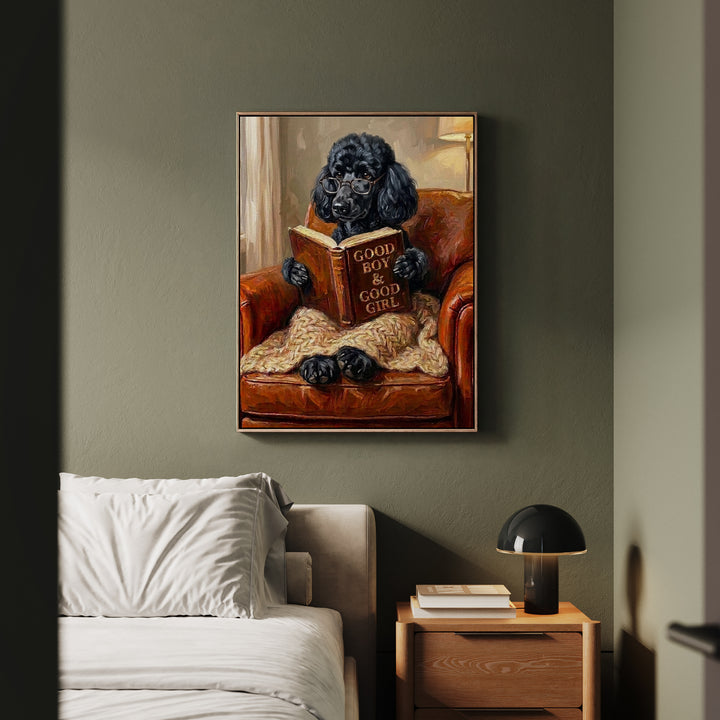 "Evening Read" - Poodle Vertical Framed Canvas - Dog Lover Wall Art