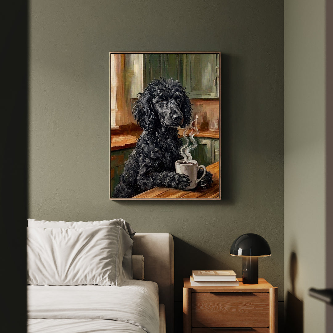 "Before Coffee" - Poodle Vertical Framed Canvas - Dog Lover Wall Art