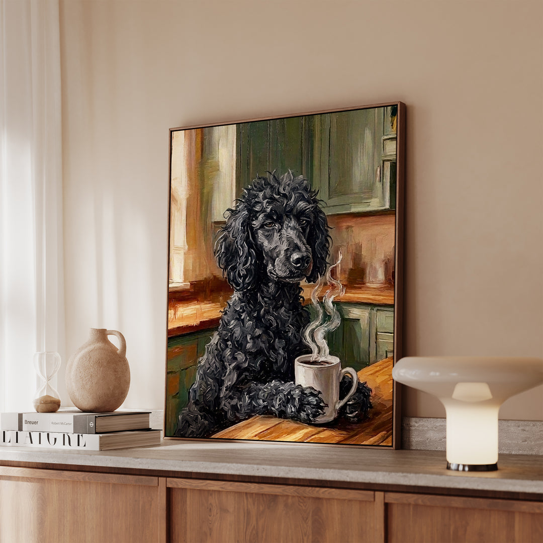 Poodle Before Coffee Framed Canvas