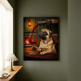 "Wine & Woof" - Pug Vertical Canvas - Dog Lover Wall Art