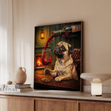 "Wine & Woof" - Pug Vertical Framed Canvas - Dog Lover Wall Art