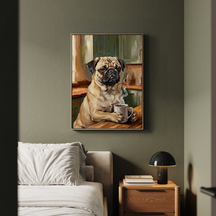 "Before Coffee" - Pug Vertical Framed Canvas - Dog Lover Wall Art