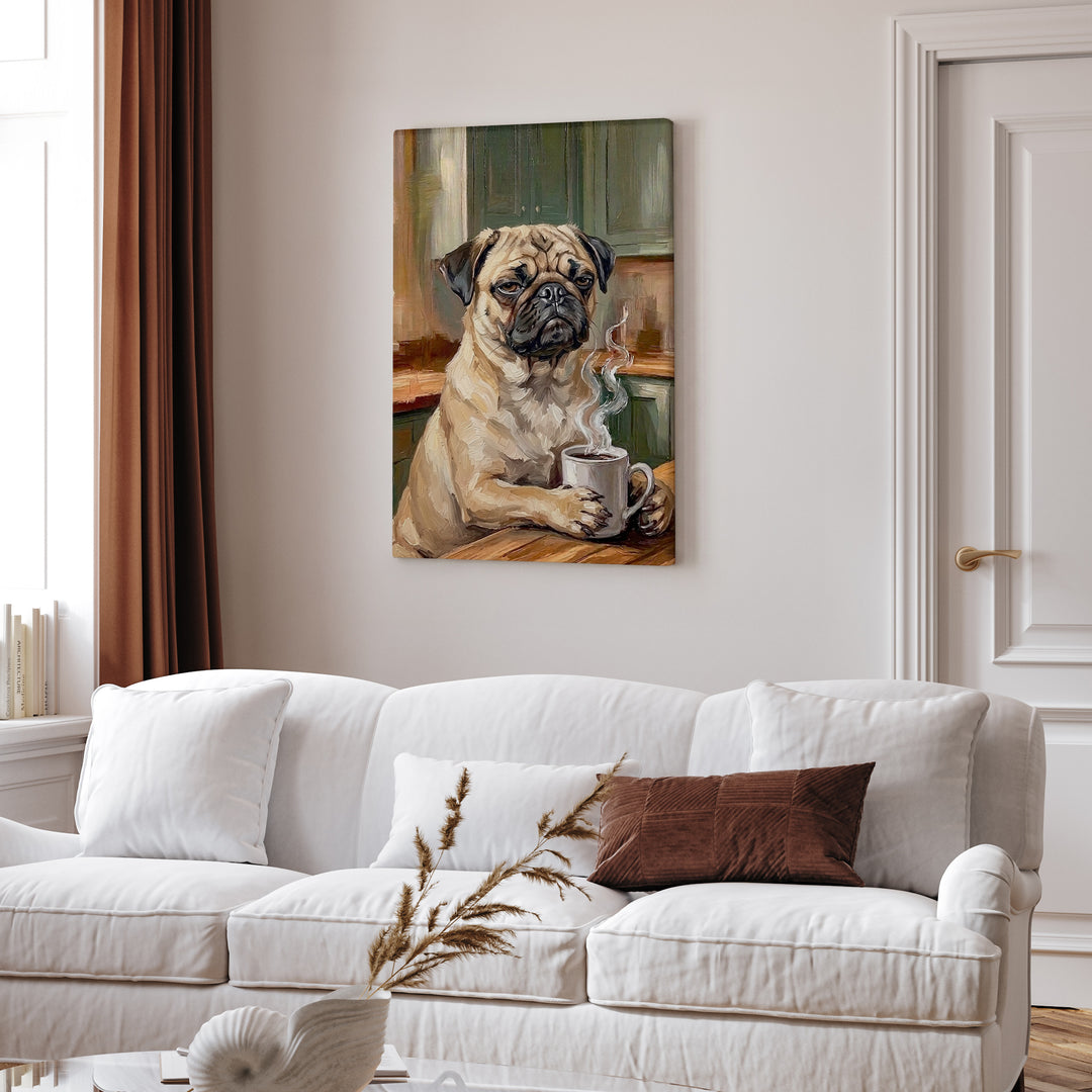 "Before Coffee" - Pug Vertical Canvas - Dog Lover Wall Art