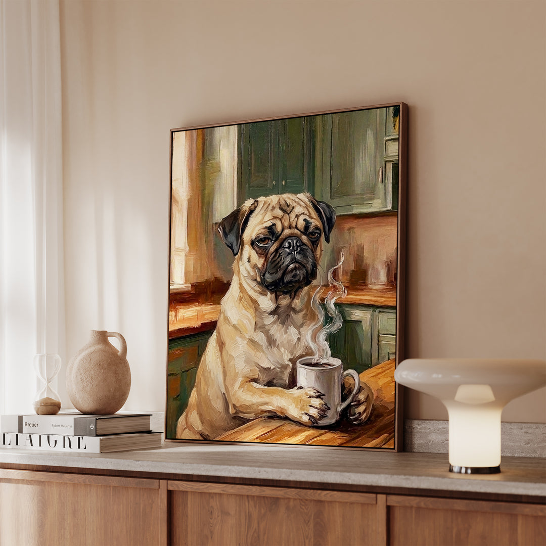 Pug Before Coffee Framed Canvas