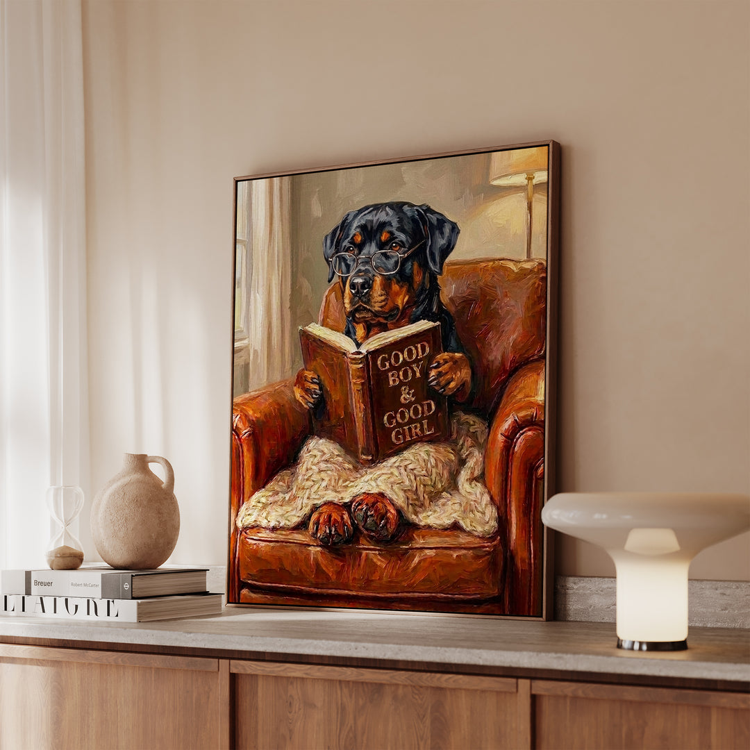 Rottweiler Evening Read Framed Canvas