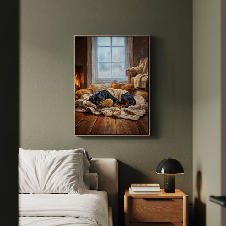 "Calm Memories" - Rottweiler Vertical Framed Canvas - Dog Lover Wall Art