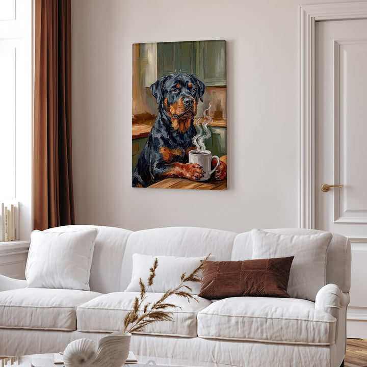 "Before Coffee" - Rottweiler Vertical Canvas - Dog Lover Wall Art