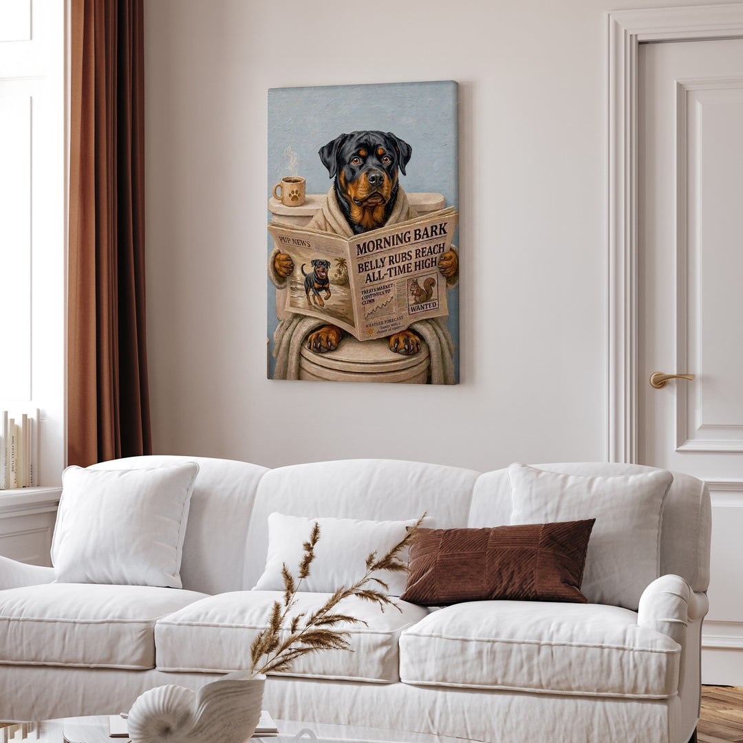 "Morning Business" - Rottweiler Vertical Canvas - Dog Lover Wall Art