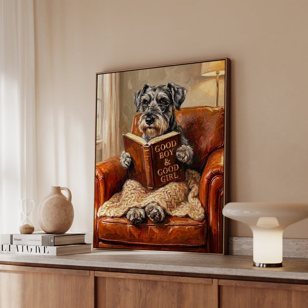 Schnauzer Evening Read Framed Canvas