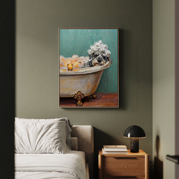 "Spa Day" - Schnauzer Vertical Framed Canvas - Dog Lover Wall Art