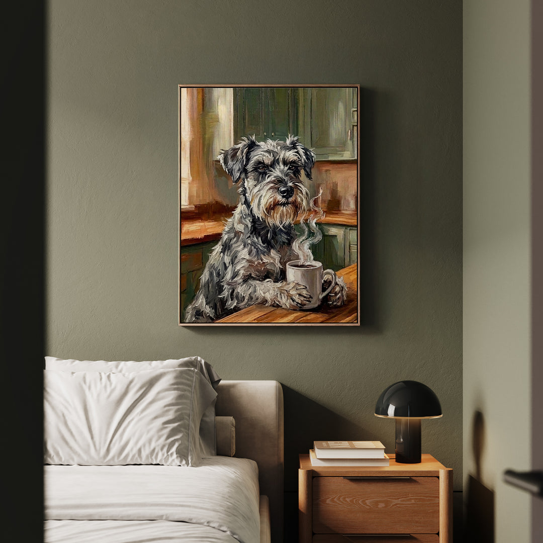 "Before Coffee" - Schnauzer Vertical Framed Canvas - Dog Lover Wall Art