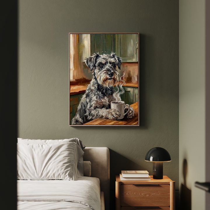 "Before Coffee" - Schnauzer Vertical Framed Canvas - Dog Lover Wall Art