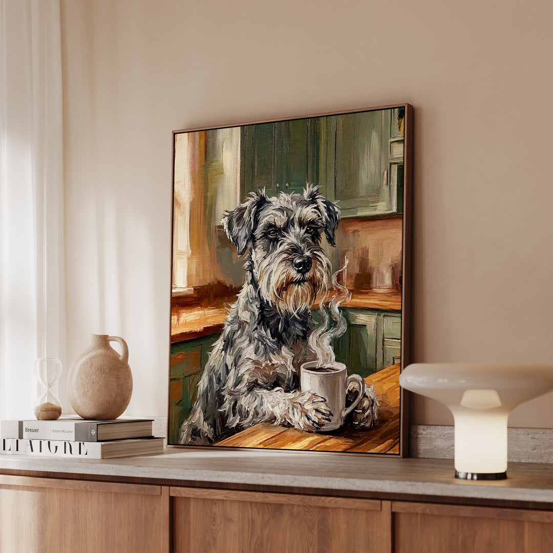 Schnauzer Before Coffee Framed Canvas