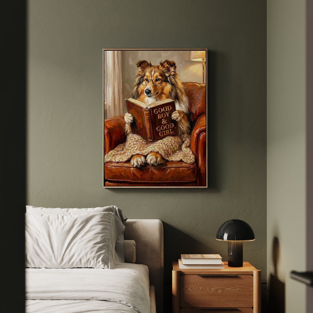 "Evening Read" - Shetland Sheepdog Vertical Framed Canvas - Dog Lover Wall Art