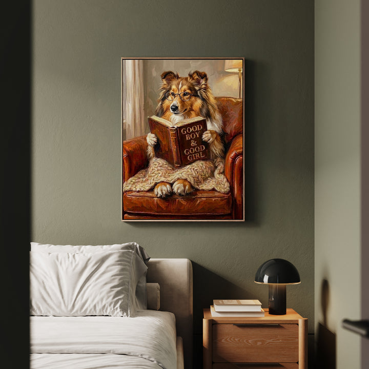 "Evening Read" - Shetland Sheepdog Vertical Framed Canvas - Dog Lover Wall Art