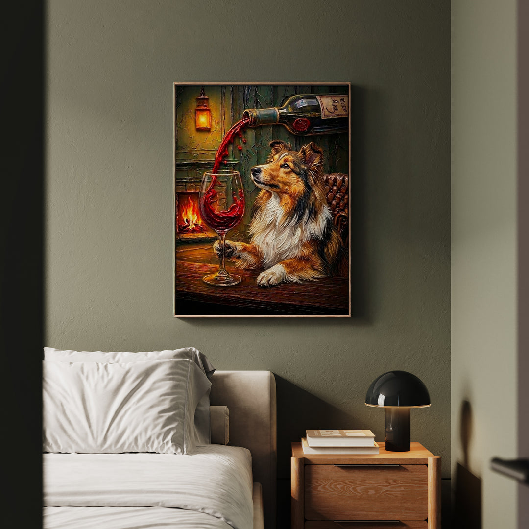"Wine & Woof" - Shetland Sheepdog Vertical Framed Canvas - Dog Lover Wall Art