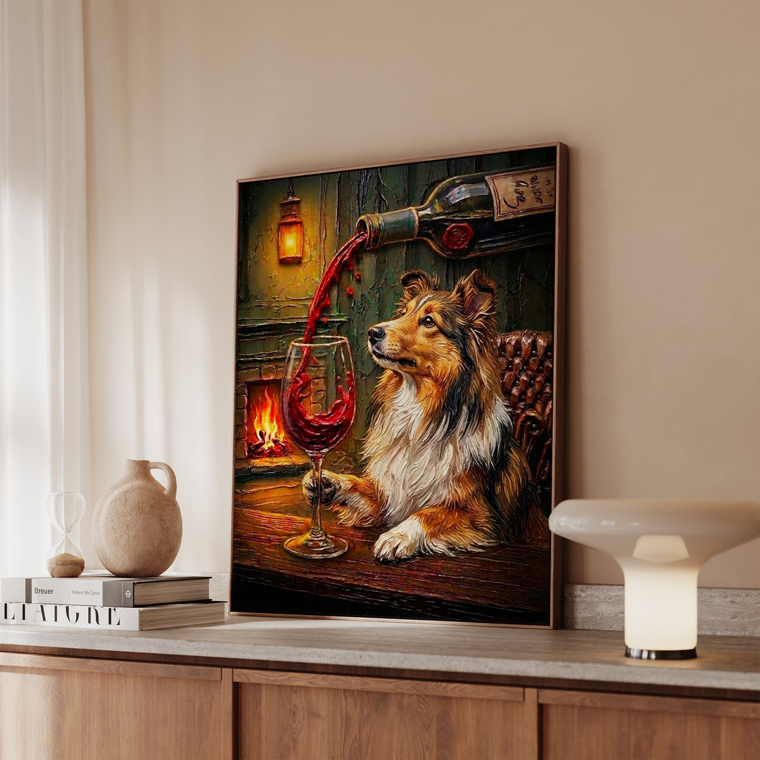 Shetland Sheepdog Wine & Woof Framed Canvas
