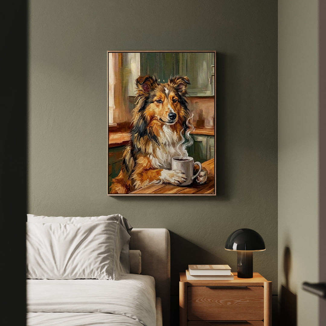 "Before Coffee" - Shetland Sheepdog Vertical Framed Canvas - Dog Lover Wall Art