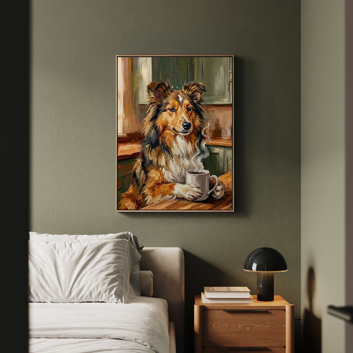 "Before Coffee" - Shetland Sheepdog Vertical Framed Canvas - Dog Lover Wall Art