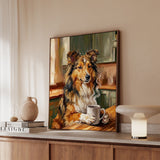 "Before Coffee" - Shetland Sheepdog Vertical Framed Canvas - Dog Lover Wall Art