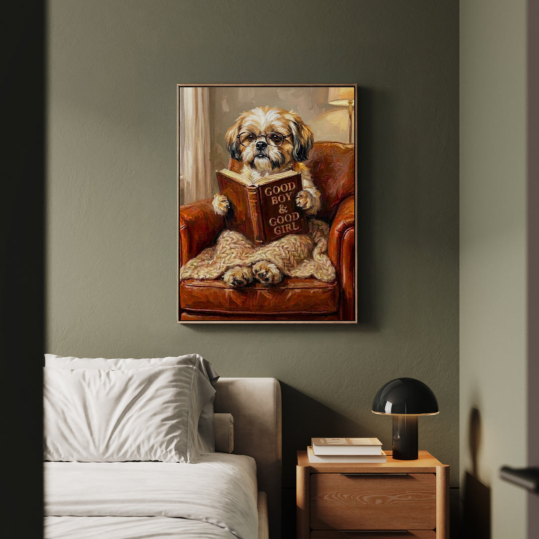 "Evening Read" - Shih Tzu Vertical Framed Canvas - Dog Lover Wall Art