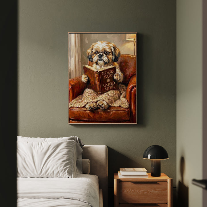 "Evening Read" - Shih Tzu Vertical Framed Canvas - Dog Lover Wall Art