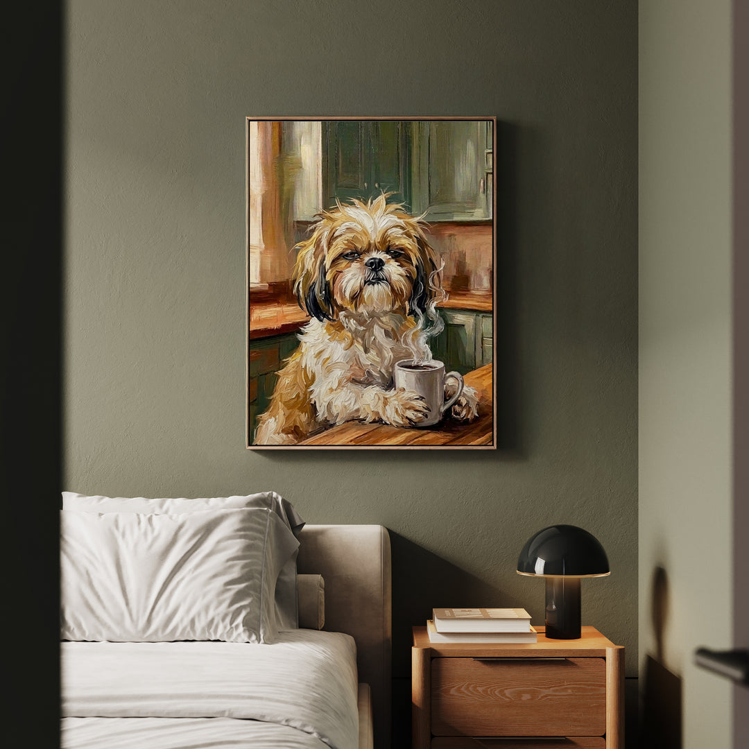 "Before Coffee" - Shih Tzu Vertical Framed Canvas - Dog Lover Wall Art