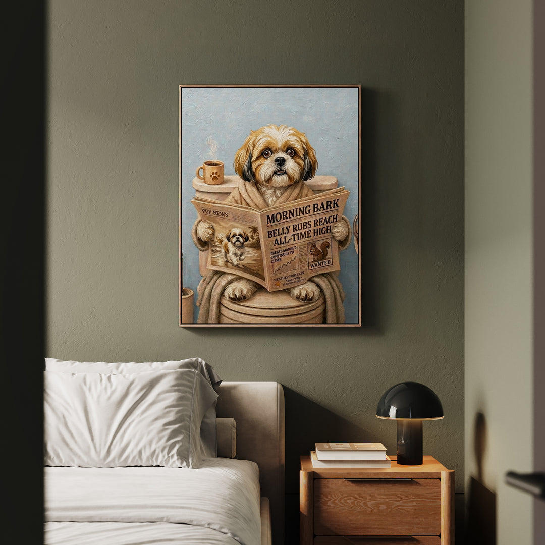 "Morning Business" - Shih Tzu Vertical Framed Canvas - Dog Lover Wall Art