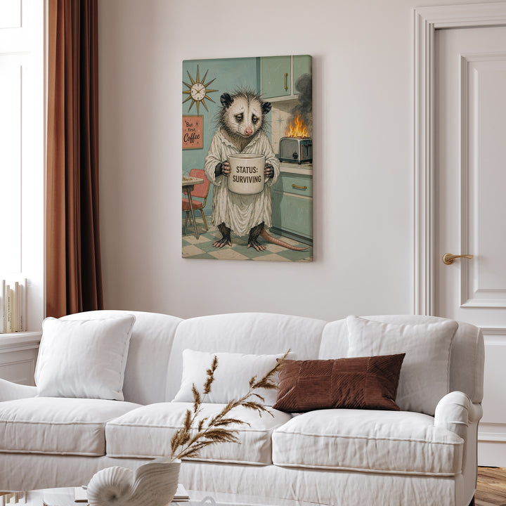 "Status Surviving" - Opossum Vertical Canvas - Dark Burnout Humor Wall Art
