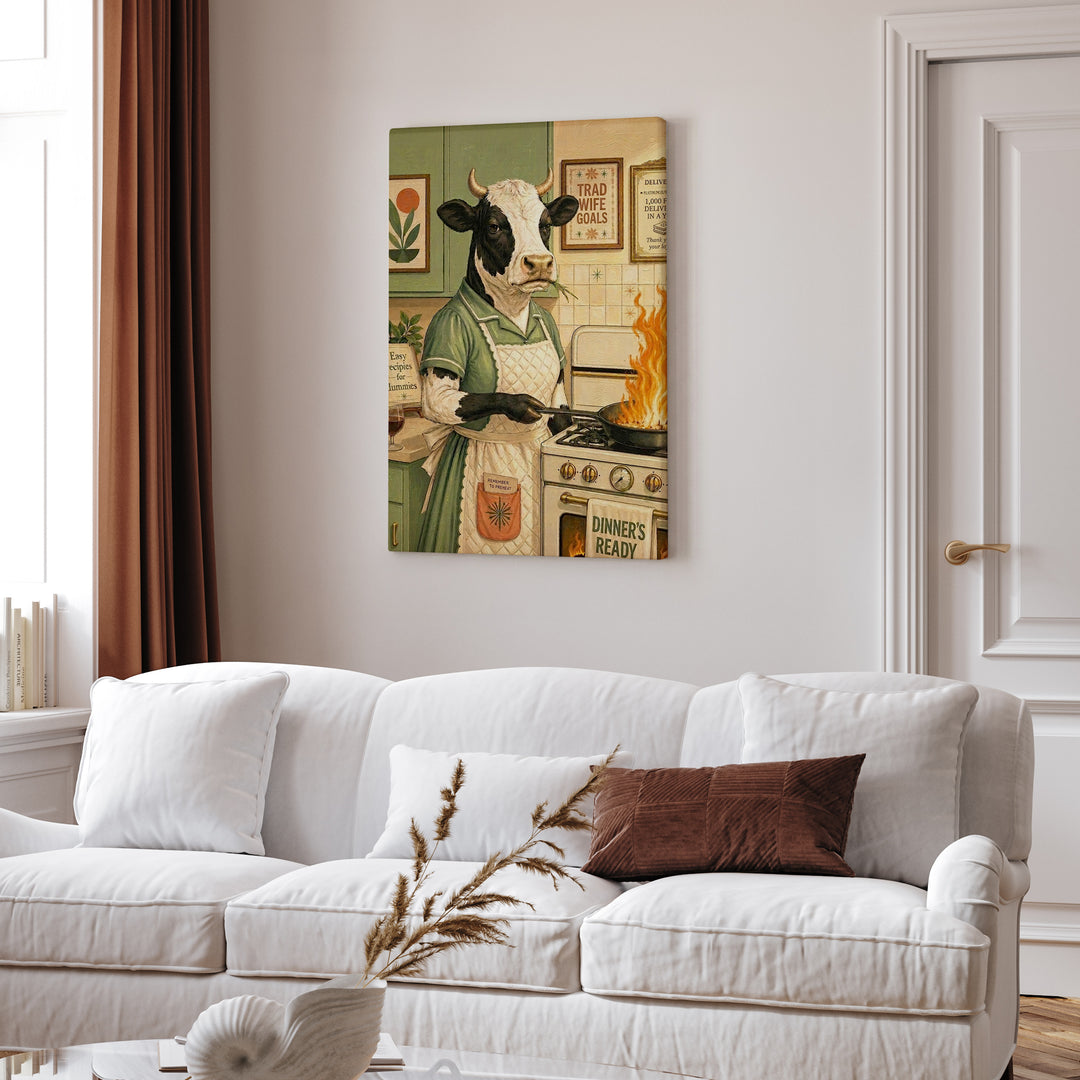 "Trad Wife Goals" - Cow Vertical Canvas - Dark Burnout Humor Wall Art