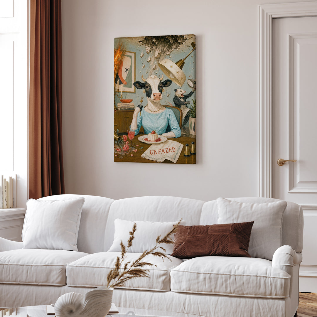 "Unfazed" - Cow Vertical Canvas - Dark Burnout Humor Wall Art