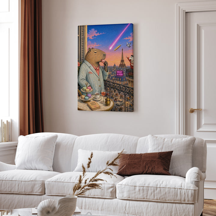 "What a View" - Capybara Vertical Canvas - Dark Burnout Humor Wall Art