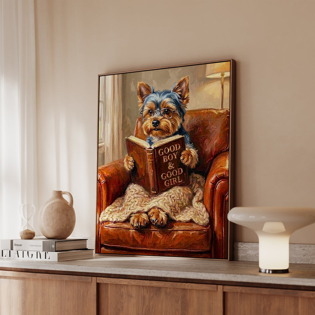 Yorkie Evening Read Framed Canvas