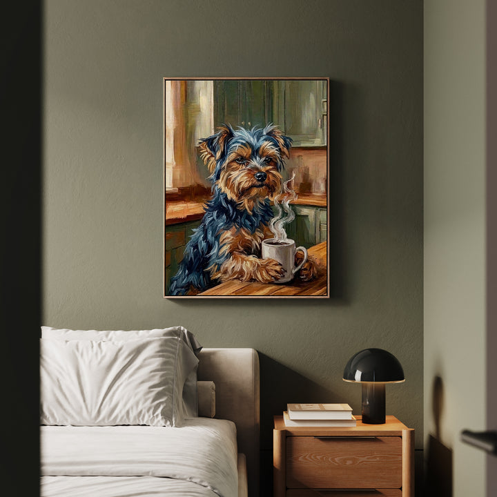 "Before Coffee" - Yorkie Vertical Framed Canvas - Dog Lover Wall Art
