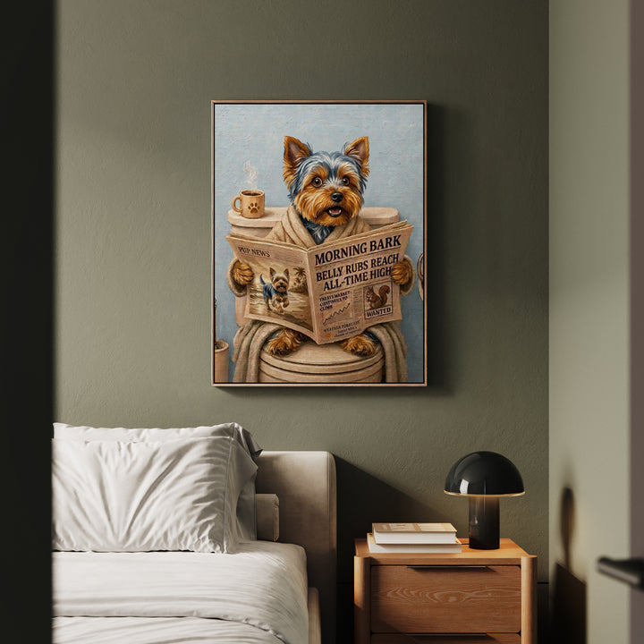 "Morning Business" - Yorkie Vertical Framed Canvas - Dog Lover Wall Art