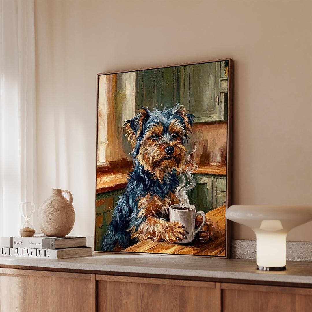 Yorkie Before Coffee Framed Canvas