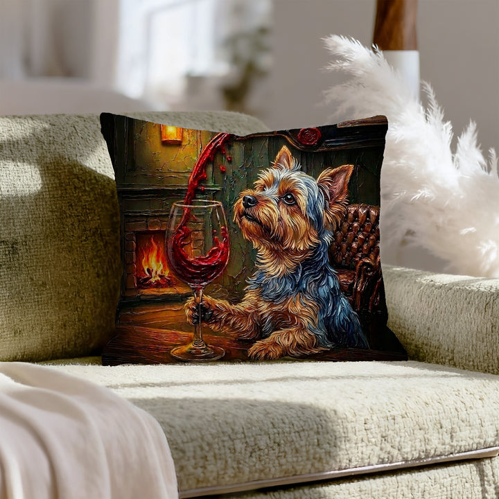 "Wine & Woof" - Yorkie Throw Pillow - Dog Lover Home Decor